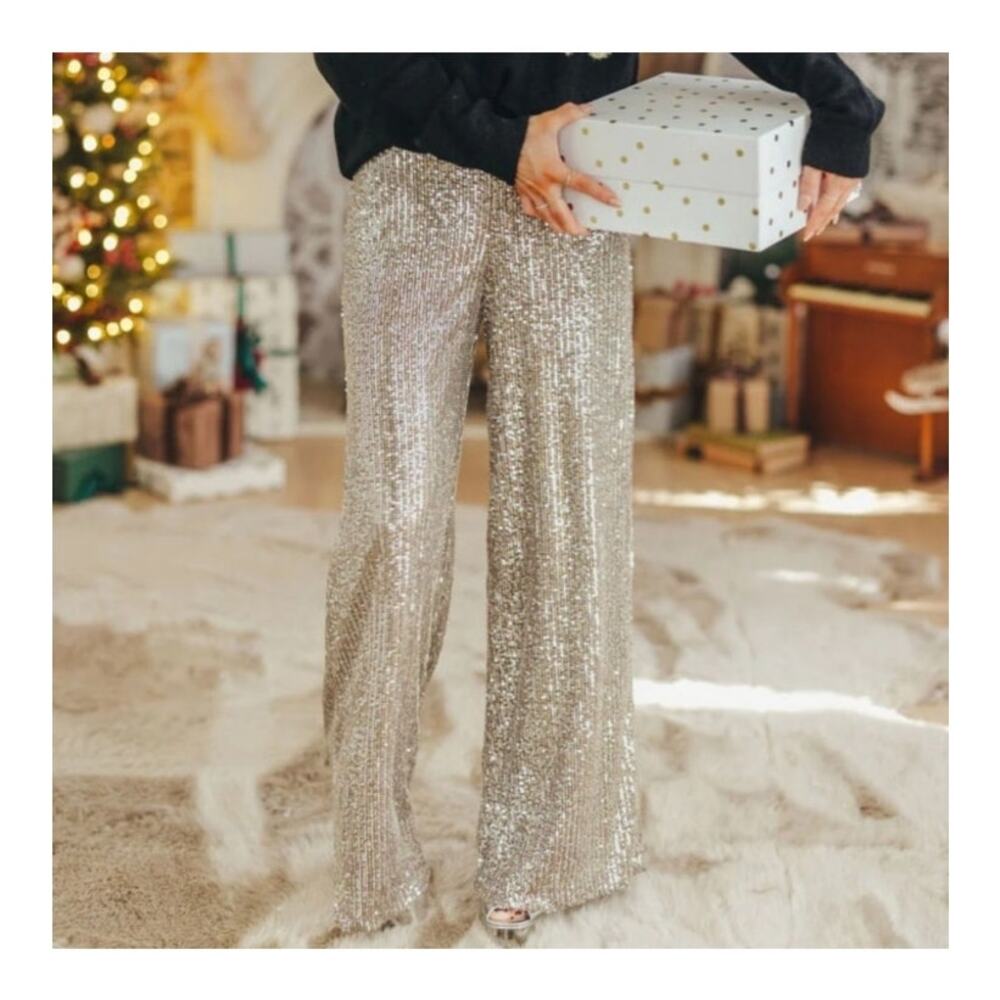 NWT Aakaa Women's Silver Sequin Lined Wide Leg Pants L Glam Holiday Party Disco - Picture 9 of 9